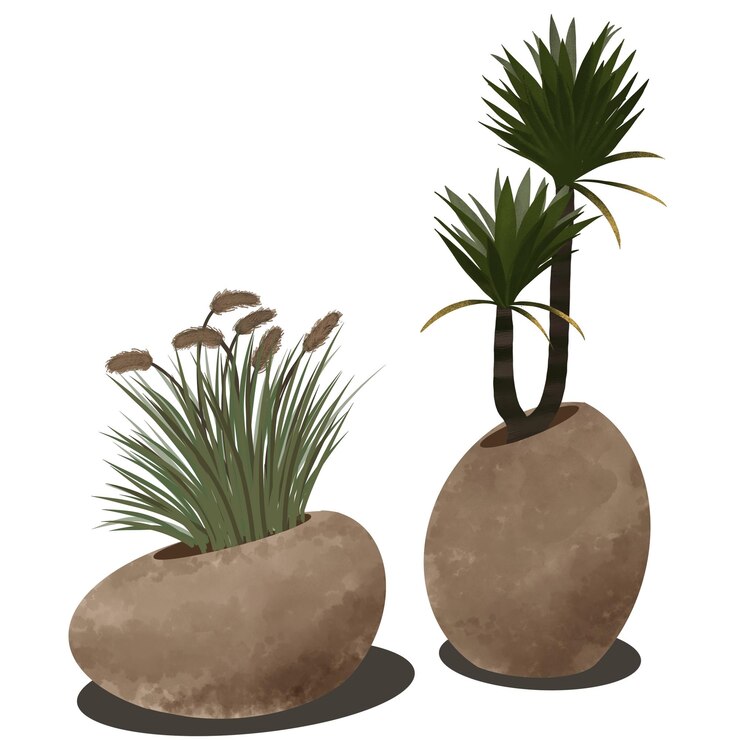PSD plama y hierba en la habitación de decoración de plantas en olla