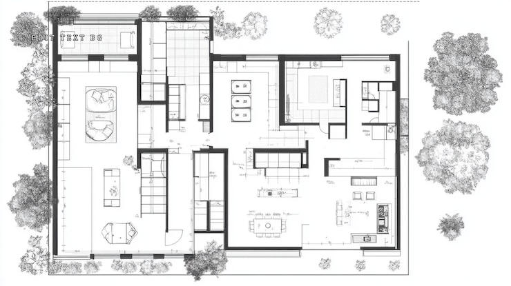 PSD plan architectural de haut en bas d'une maison moderne présentant un plan d'étage ouvert, diverses pièces et aménagement paysager extérieur