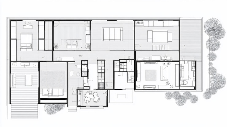 PSD plan d'étage architectural de la maison moderne montrant les chambres, le pont et la piscine