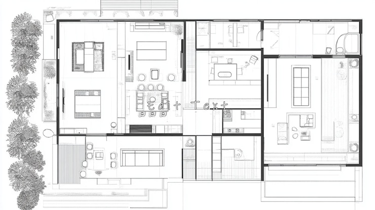 PSD plan d'étage de maison moderne avec espace extérieur