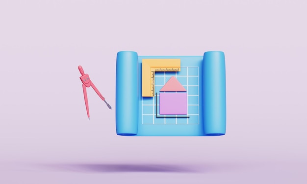 Plan de piso de plano arquitectónico y icono de brújula Renderización 3D no AI