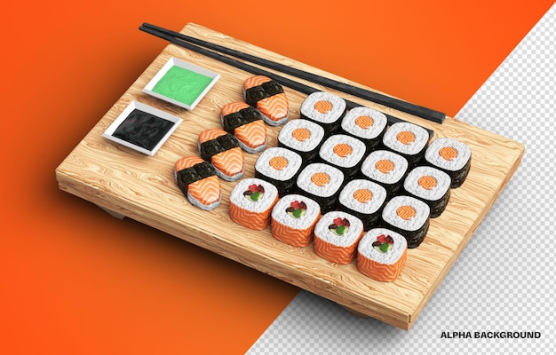 Planche de bois avec des morceaux de sushi en 3d pour la composition