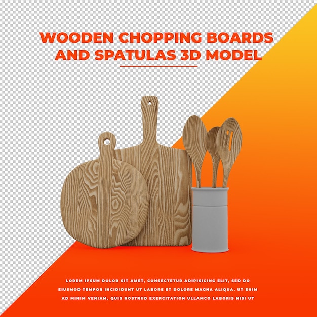 PSD planches à découper en bois et spatules isolées modèle 3d