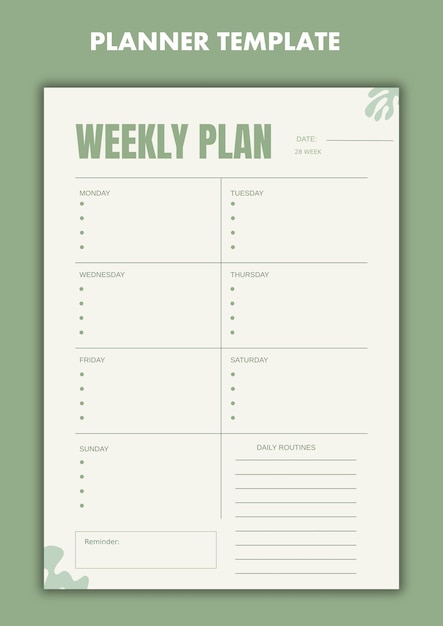 Planejador Semanal Moderno PSD Design Minimalista Editável e Imprimível