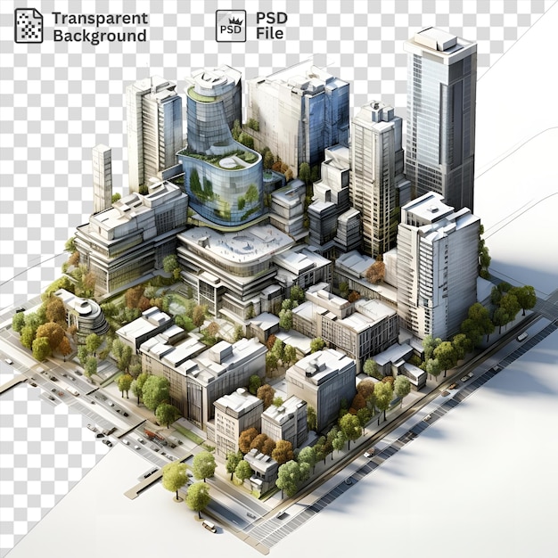 PSD planejadores urbanos fotográficos realistas transparentes modelo de cidade com uma mistura de edifícios altos e brancos cercados por árvores verdes exuberantes com um edifício branco proeminente em primeiro plano