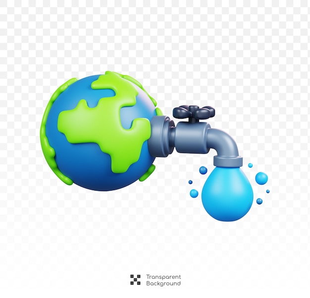 PSD planet erde mit wasserhahn und wassertropfen isoliert weltwassertag-ikon 3d-render cartoon-stil