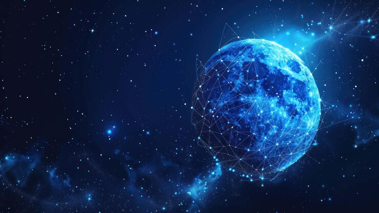 PSD un planeta azul con una constelación de estrellas en un fondo azul oscuro