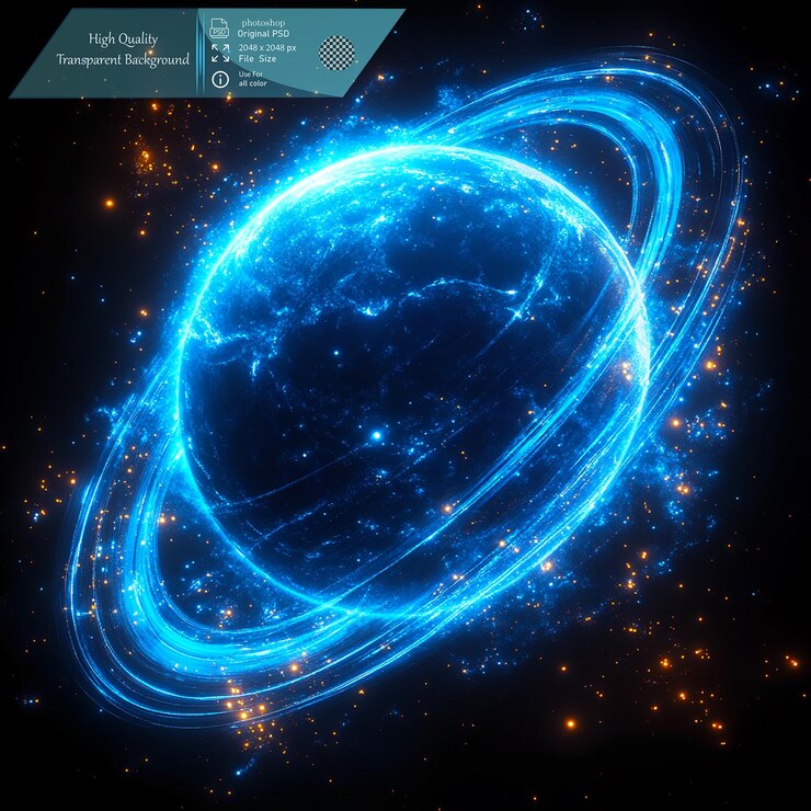 PSD un planeta azul con un letrero que dice galaxia en él