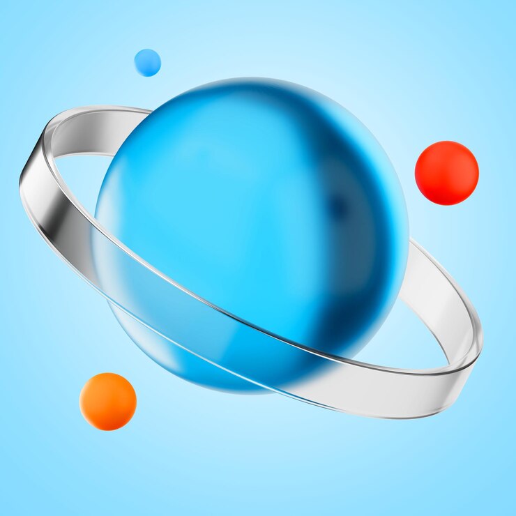 PSD planeta azul renderizado en 3d con un anillo y orbes flotantes de colores