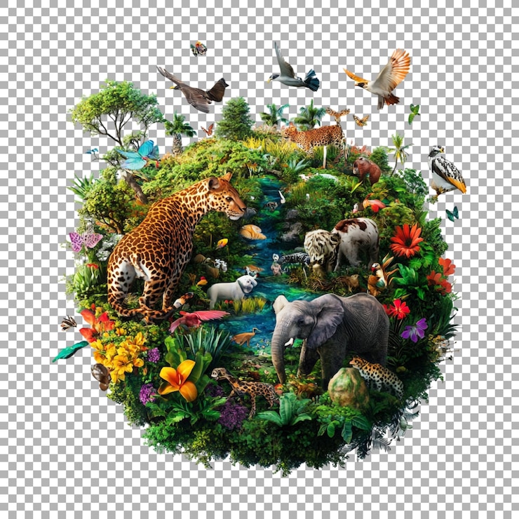 PSD planeta en miniatura de png con animales y plantas en un fondo transparente