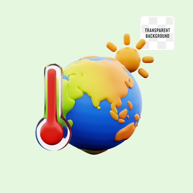 Planeta terra com sol e termômetro para o aquecimento global calor desastre mudança climática 3d ícone ilustração render design