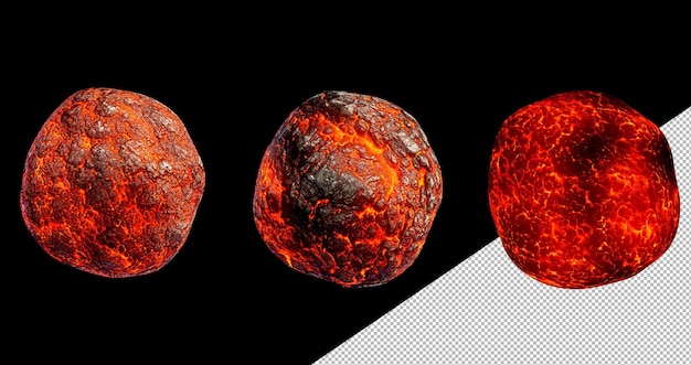 PSD planetas alienígenas de fantasia com superfície de lava líquida quente derretida 3d rendem ícones para jogo espacial ui conjunto de objetos cósmicos futuristas isolados em fundo preto coleção de astronomia de exploração de cosmos