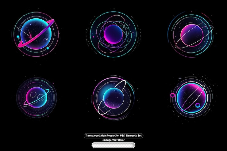PSD planetas cósmicos coloridos con fondos transparentes en varios diseños y texturas