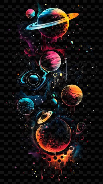 PSD planetas de néon brilhantes em órbita efeito de colagem planetária com arte de decoração de fundo de forma de textura y2k