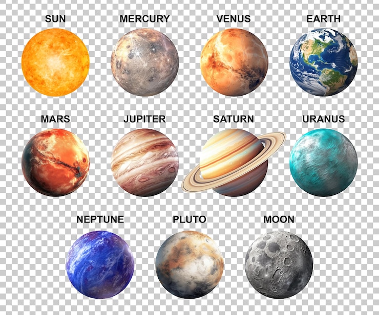 PSD planetas do sistema solar com rótulos isolados em fundo transparente