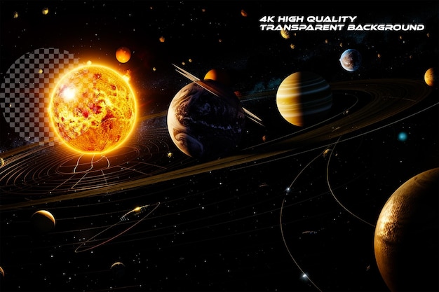PSD los planetas giran alrededor del sol en el sistema heliocéntrico sobre un fondo transparente