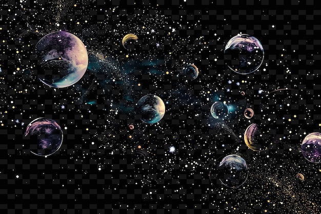 PSD planetas luminosos e corpos celestes flutuando no espaço plano y2k textura forma arte de decoração de fundo