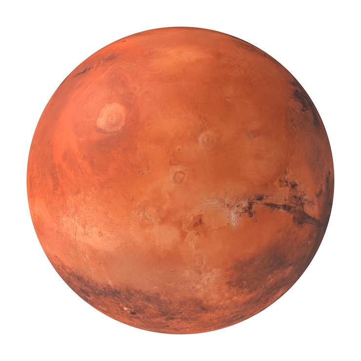 PSD planète mars, la planète rouge isolée sur fond transparent rendu 3d