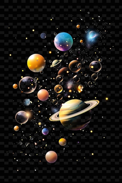 PSD planètes lumineuses flottant dans un arrangement cosmique planète forme y2k texture forme art de décoration de fond