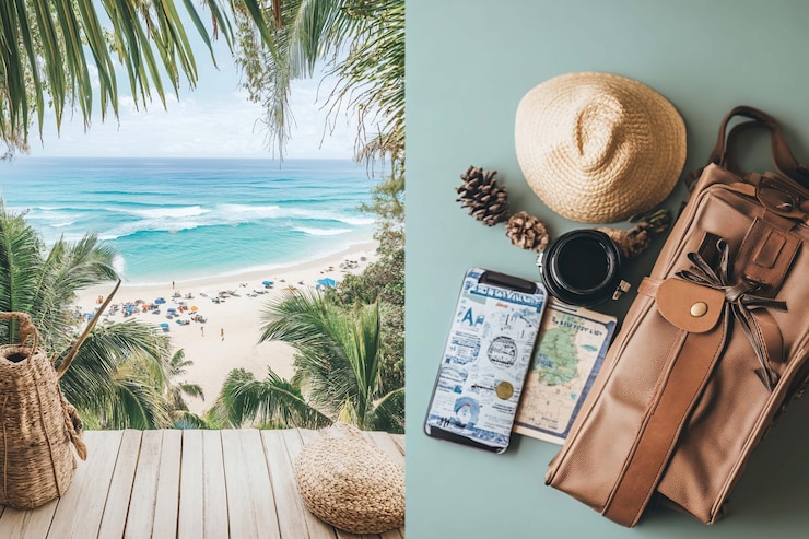 PSD planificación de vacaciones en playas tropicales accesorios de viaje e inspiración de destino