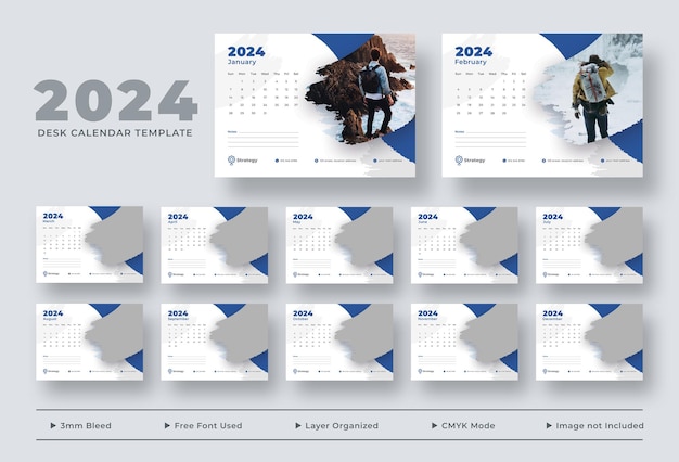 PSD planificador de calendario de escritorio de plantilla de calendario de escritorio 2024
