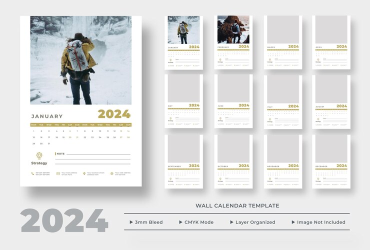 PSD planificador de calendario de pared de plantilla de calendario de pared 2024
