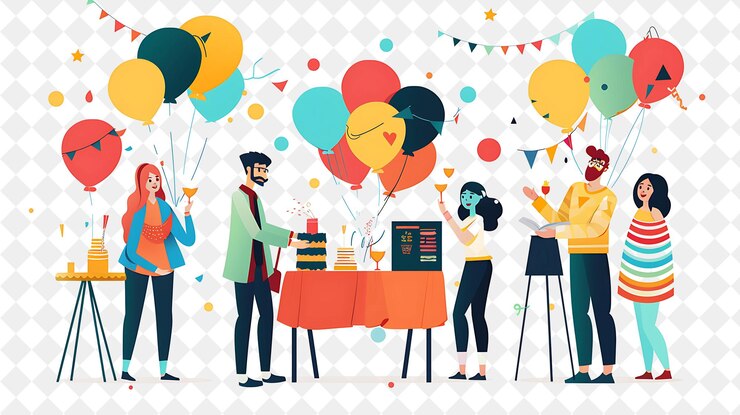 PSD planificador de eventos lúdico con personajes que organizan y albergan a la gente de png en la ilustración del trabajo diario