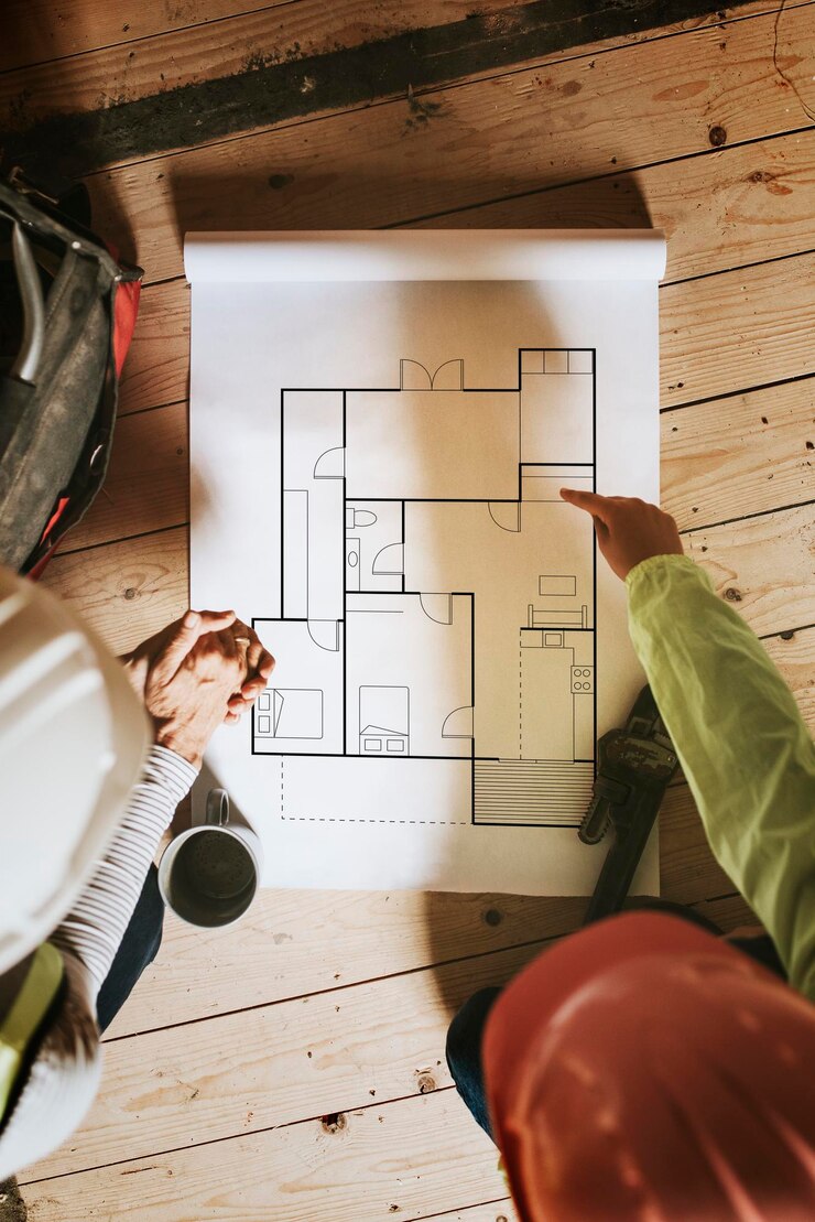 PSD plano de maquete em papel em um canteiro de obras