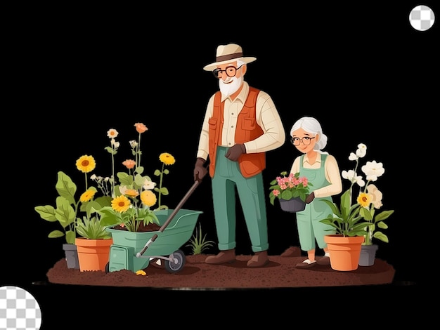 PSD plano senior hombre y mujer jardinería png transparente