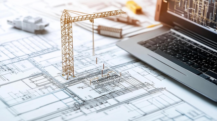 PSD los planos de ingeniería con una superposición gráfica de la grúa en una computadora portátil y dibujos arquitectónicos