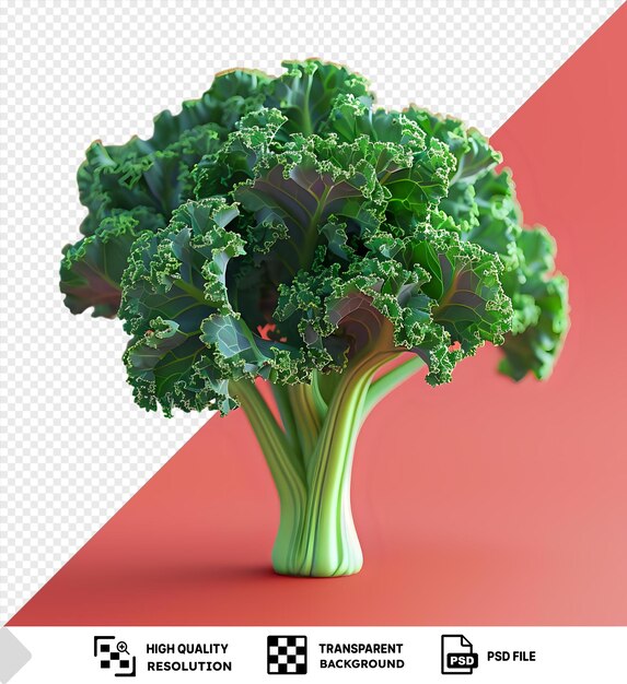 PSD plant de chou vert avec une tige verte et une tête de brocoli sur un fond rouge jetant une ombre sombre png psd