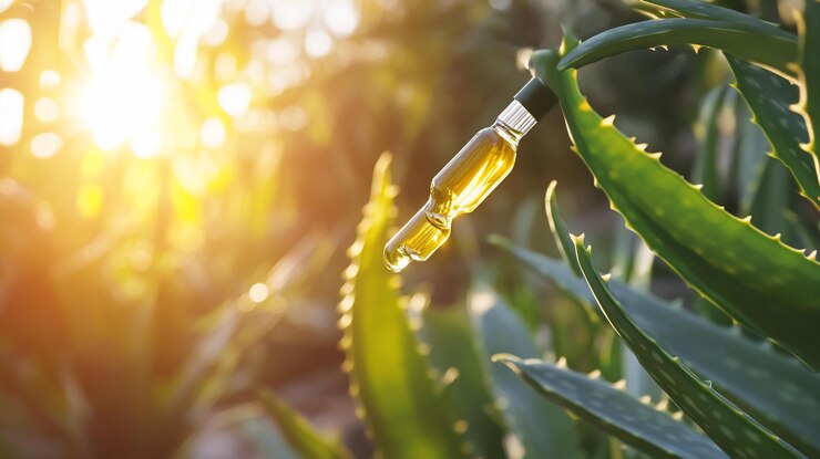 PSD planta de aloe vera con botella de suero a la luz del sol