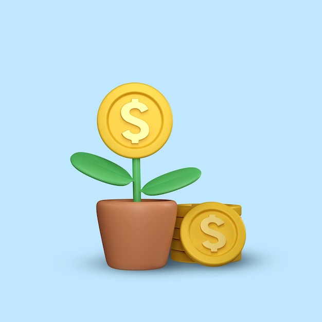 Planta de árbol de dinero 3D con inversión de dinero de moneda dólar
