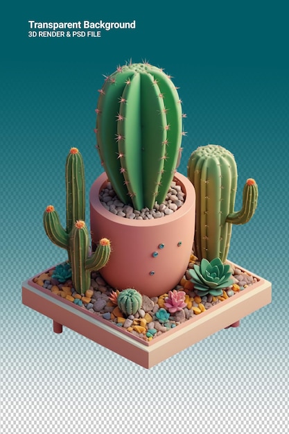 PSD una planta de cactus con flores y una olla con flores en ella