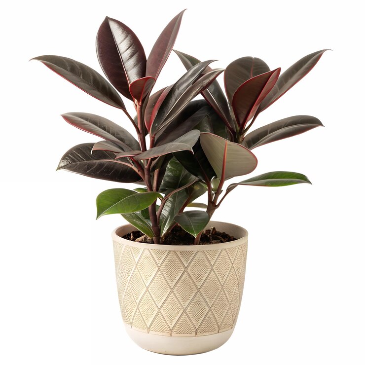 PSD una planta de caucho con hojas de color borgoña oscuro y brillante y una textura cerosa la olla es de cerámica beige neutral