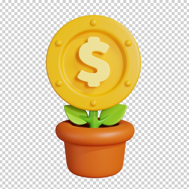 Planta com moeda de ouro de dólar americano isolado ícone de moeda de dinheiro 3D render ilustração