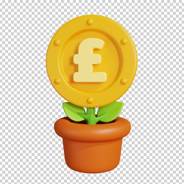 Planta com moeda de ouro de libra esterlina sinal isolado ícone de moeda de dinheiro 3D render ilustração