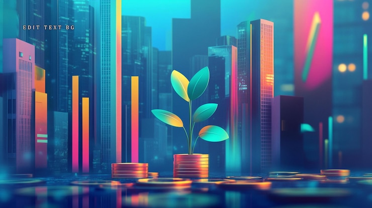 PSD planta en crecimiento en monedas en una ciudad futurista con gráfico ascendente