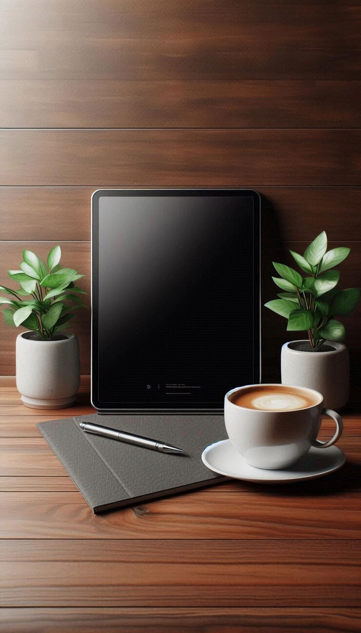 una planta en un escritorio al lado de una computadora portátil y una taza de café