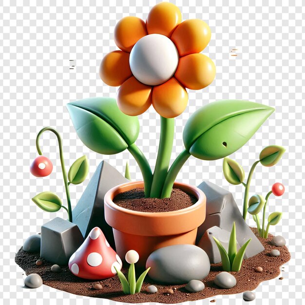 Planta de flores 3D de dibujos animados aislada sobre un fondo transparente