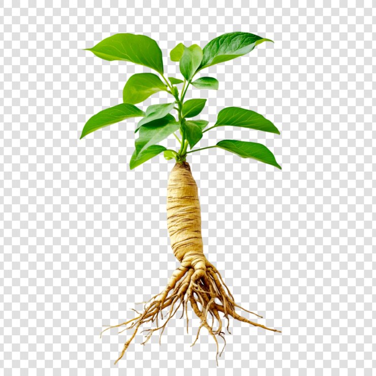 PSD una planta de ginseng con hojas verdes vibrantes y una larga raíz amarillenta