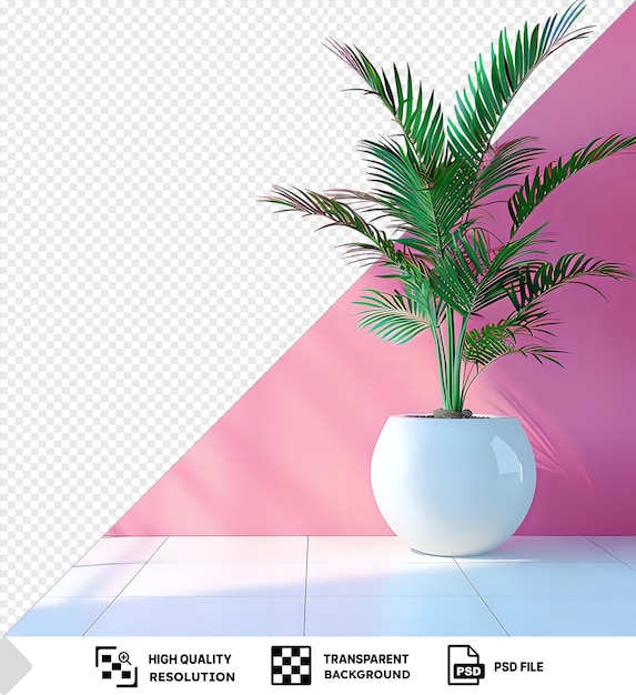 PSD una planta de kompeito en un jarrón blanco se sienta en un piso blanco de azulejos contra una pared rosa con una ventana rosa en el fondo