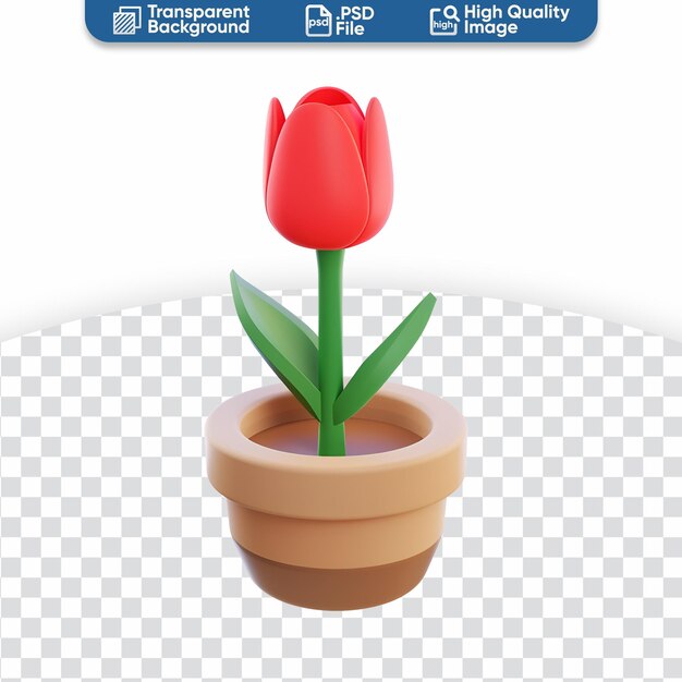 Planta linda en 3d que florece tulipán rojo en una olla