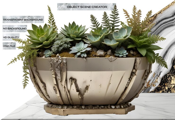 PSD planta metálica única com suculentas e samambaias perfeita para decoração interior moderna e rústica