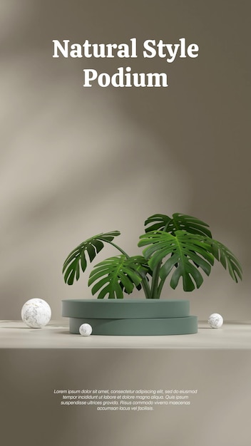 Planta monstera e bola de mármore 3d rende cena vazia pódio de cilindro verde escuro em retrato