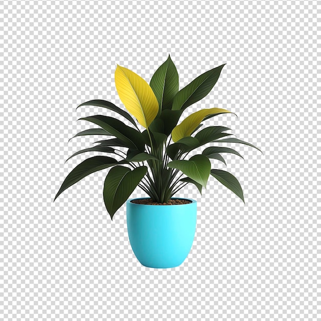 una planta en una olla azul se muestra con una flor amarilla