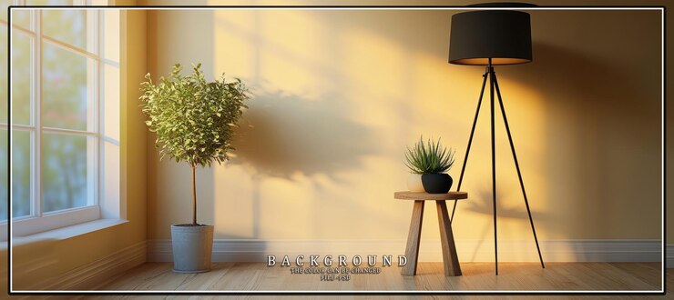 PSD una planta en olla una pequeña mesa lateral de madera con una planta en olla en ella y una lámpara de piso negra con un bla