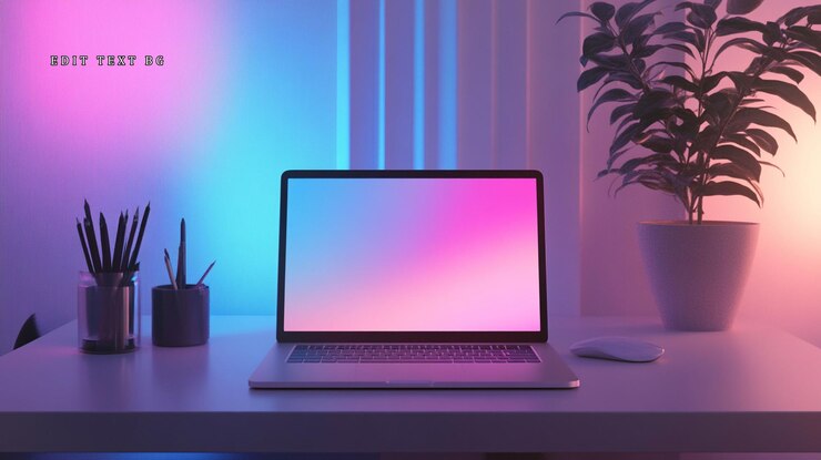 PSD planta de portátil y papelería en un escritorio con colorida iluminación de neón