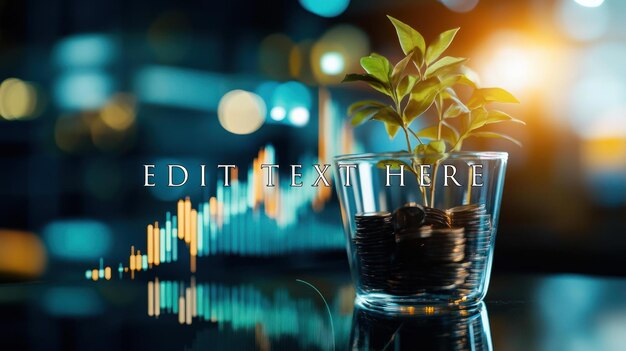 Planta que crece a partir de monedas en vidrio en el fondo del gráfico financiero