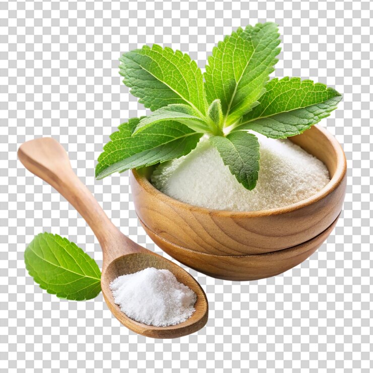 PSD planta de stevia con polvo de stevia en cuchara y cuenco aislado sobre un fondo transparente